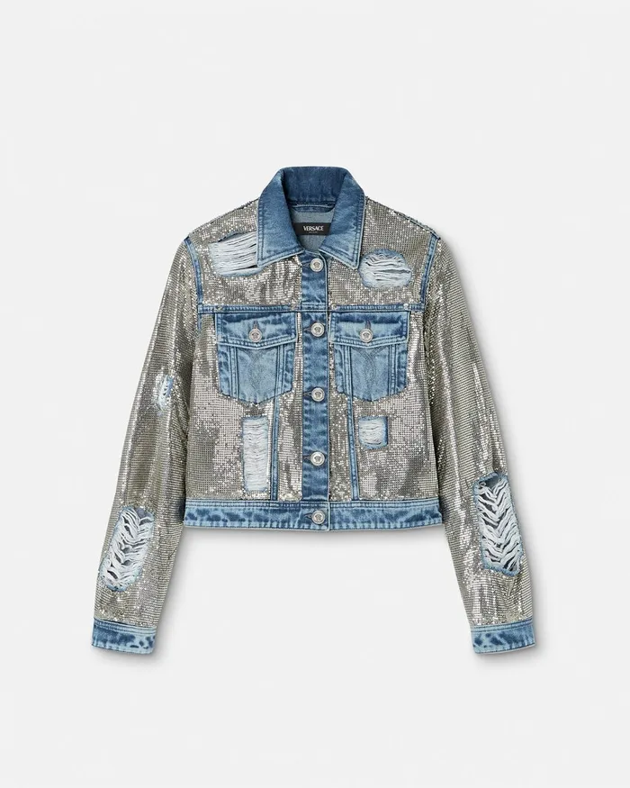 Versace Metal Mesh Denim Jacket Silver Women Denim