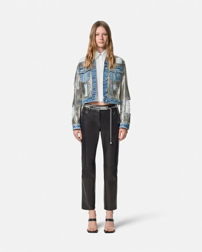 Versace Metal Mesh Denim Jacket Silver Women Denim