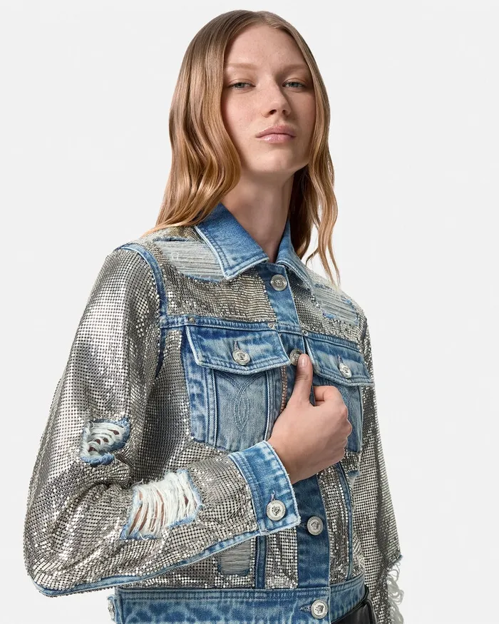Versace Metal Mesh Denim Jacket Silver Women Denim