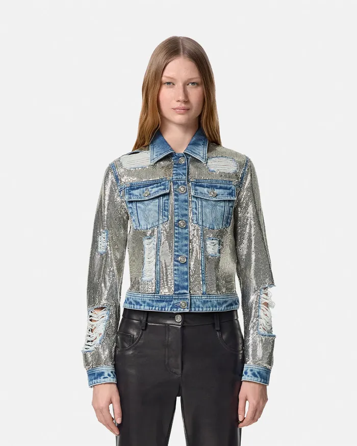 Versace Metal Mesh Denim Jacket Silver Women Denim