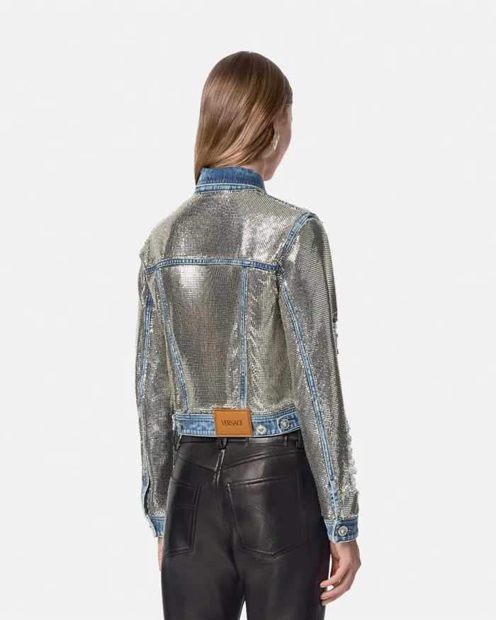 Versace Metal Mesh Denim Jacket Silver Women Denim