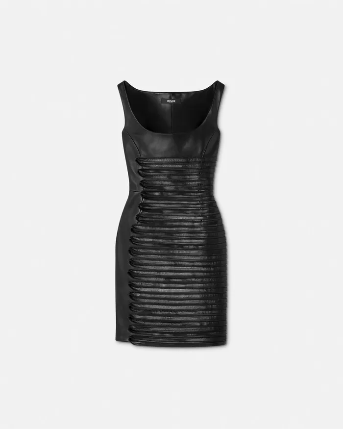 Versace Plong Leather Scoop Fitted Mini Dress Black Women Dresses