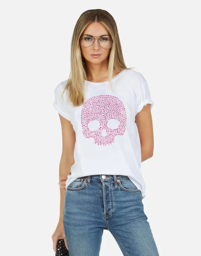 Women039s Croft X Pink Stud Skull White Lauren Moshi Short Sleeve