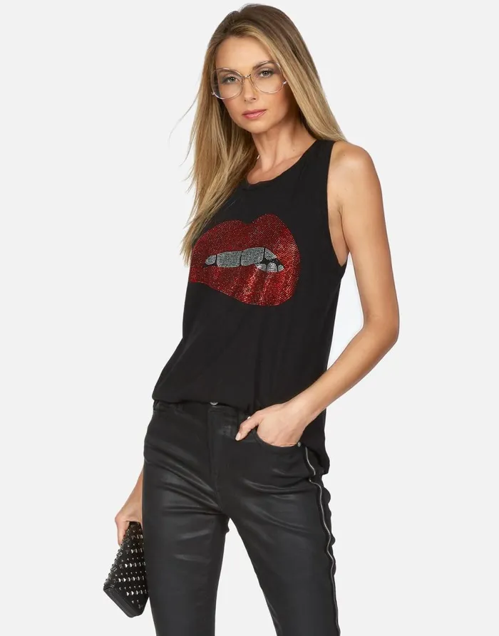 Women039s Peyton Crystal Biting Lip Black Lauren Moshi Tanks