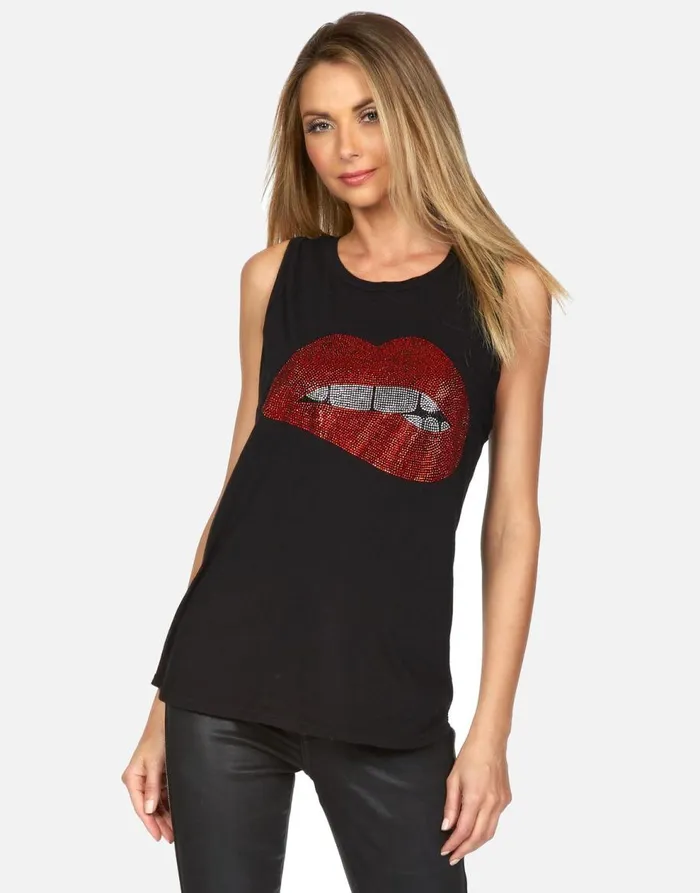 Women039s Peyton Crystal Biting Lip Black Lauren Moshi Tanks