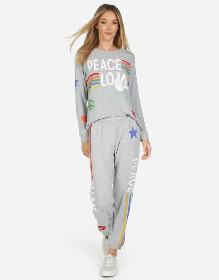Women039s Tanzy Peace Love Stripe Heather Grey Lauren Moshi Long Sweatpants