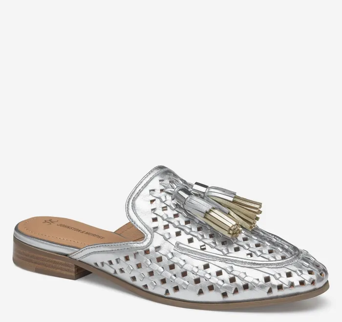Women Ali Woven Tassel Mule Silver Metallic Sheepskin JohnstonandMurphy Mules and Loafers Women Ali Woven Tassel Mule Silver Metallic Sheepskin JohnstonandMurphy Mules and Loafers