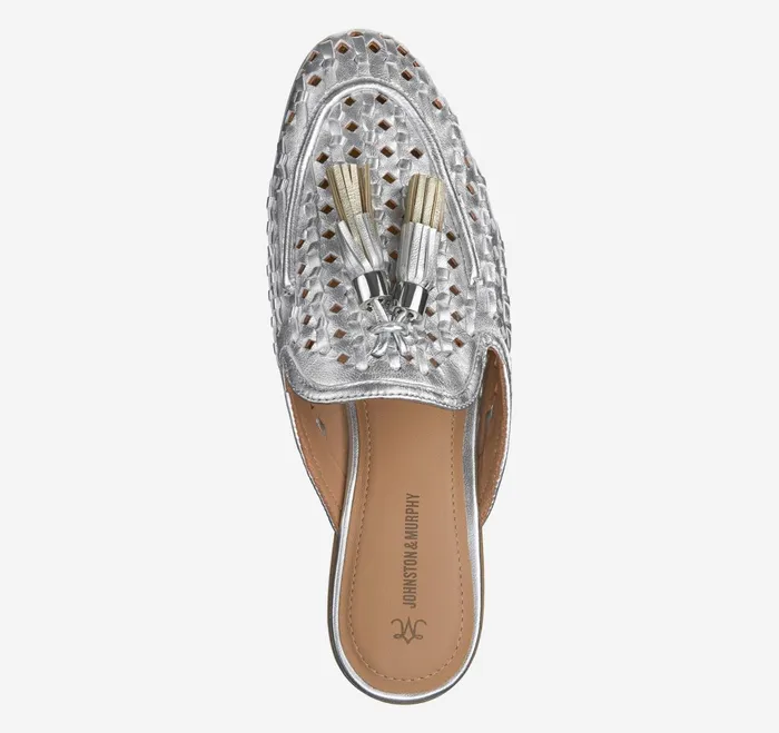 Women Ali Woven Tassel Mule Silver Metallic Sheepskin JohnstonandMurphy Mules and Loafers Women Ali Woven Tassel Mule Silver Metallic Sheepskin JohnstonandMurphy Mules and Loafers
