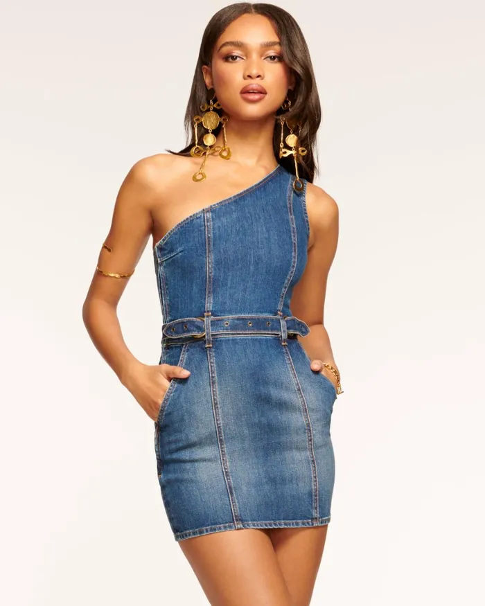 Women Barbie One Shoulder Mini Dress Dark Wash Ramy Brook Dresses