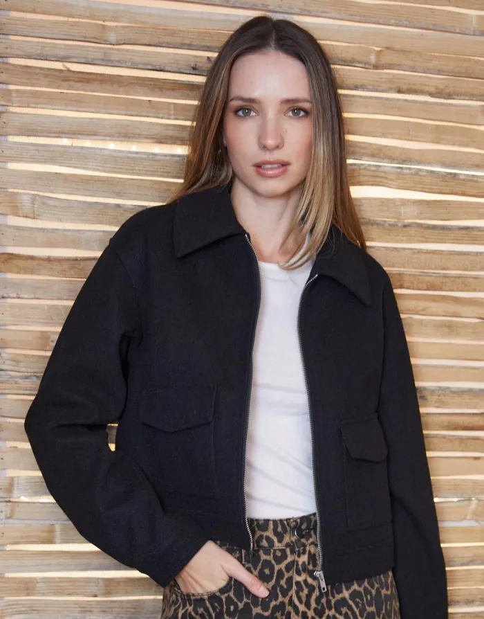 Women Black Faux Wool Collared Harrington Jacket Threadbare Jackets