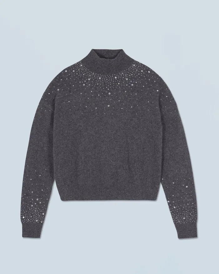 Women Cashmere Sweaters From Future Mock Neck Light Sweater With Rhinestones Charcoal Gray
