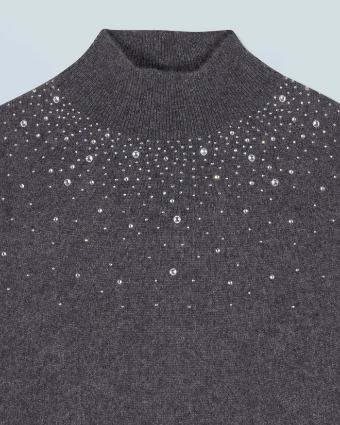 Women Cashmere Sweaters From Future Mock Neck Light Sweater With Rhinestones Charcoal Gray