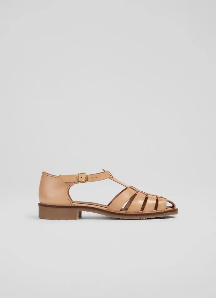 Women Flats LKBennett Lidia Tan Vegetable Dyed Leather Flat Sandals Biscuit