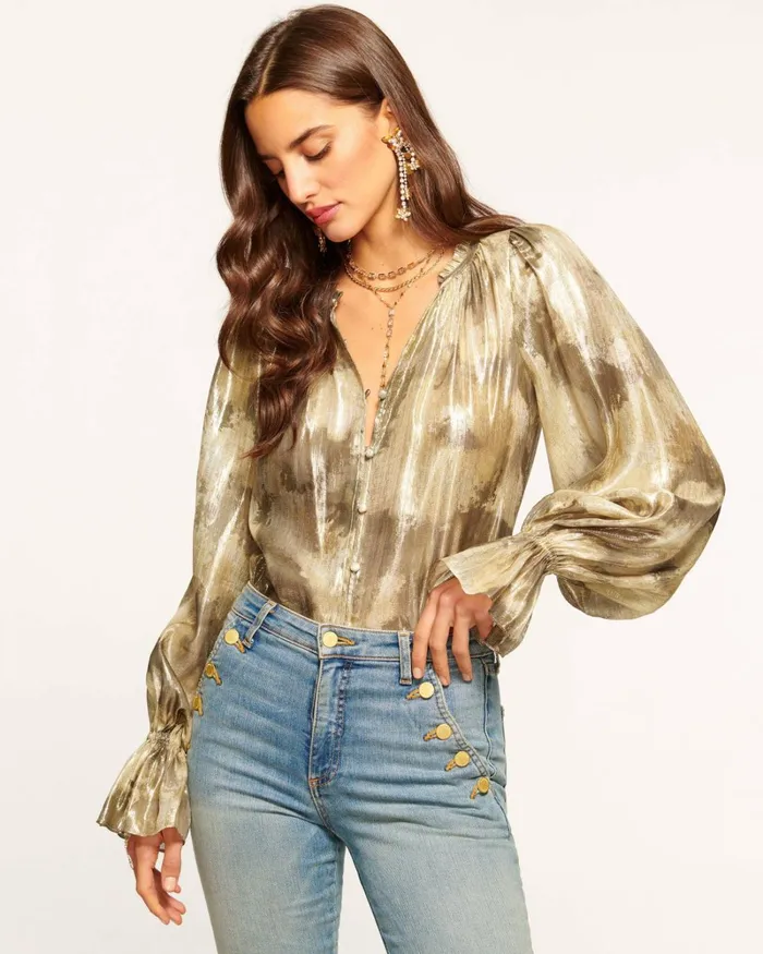 Women Giselle Long Sleeve Top Gold Watercolor Ramy Brook Tops