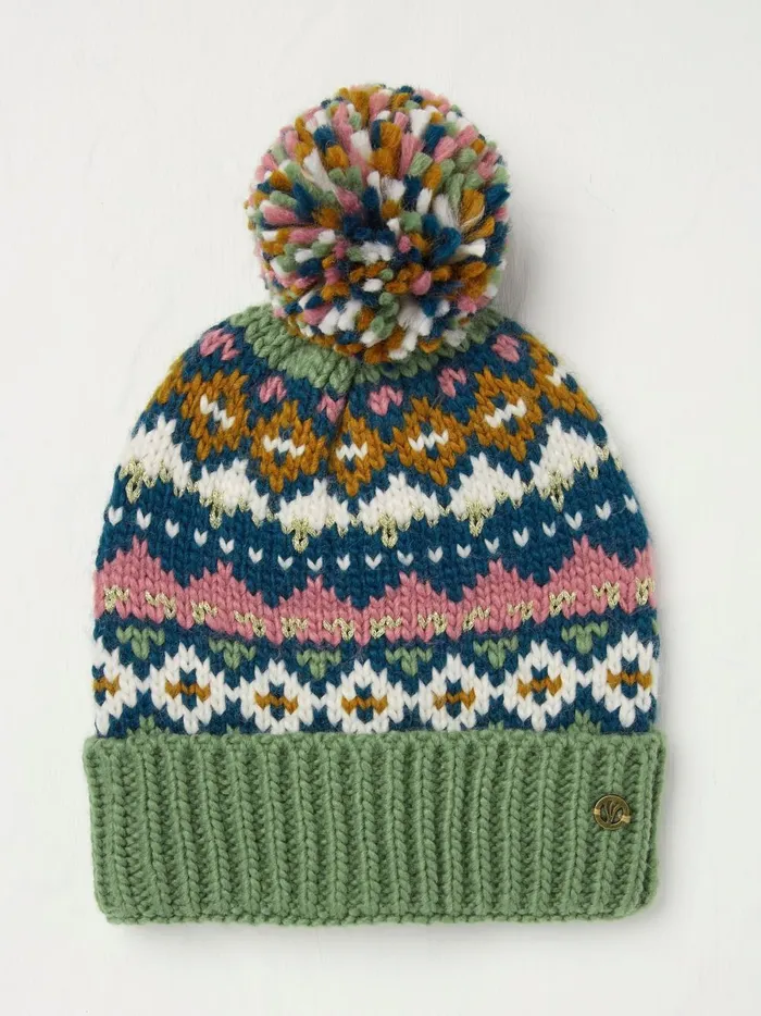Women Hats Fat Face Green Haze Fairisle Bobble Beanie