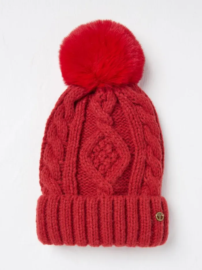 Women Hats Fat Face Red Billie Cable Bobble Beanie