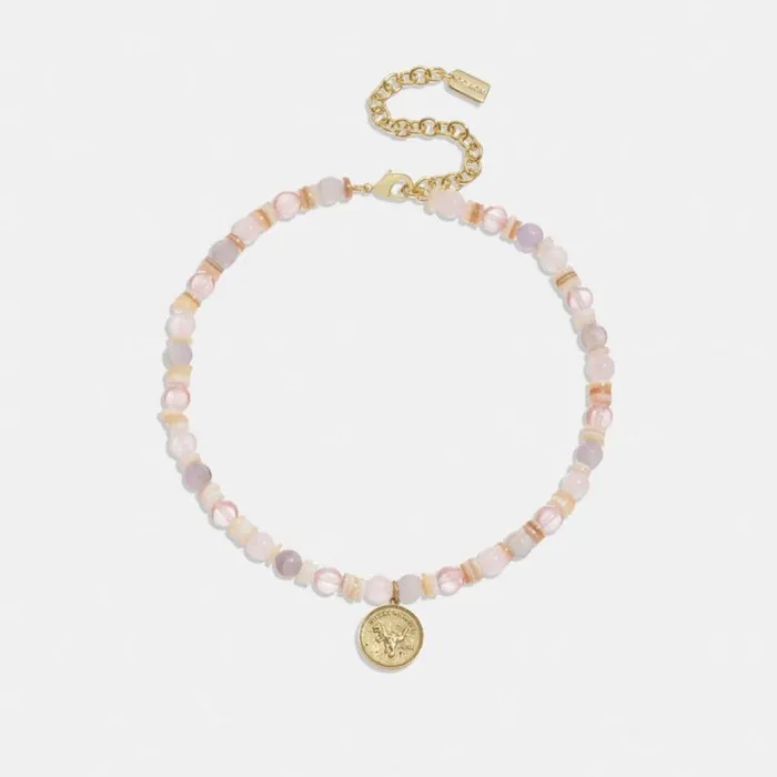 Women Jewelry Coach Rexy Coin Beaded Choker Necklace Goldpink Multi