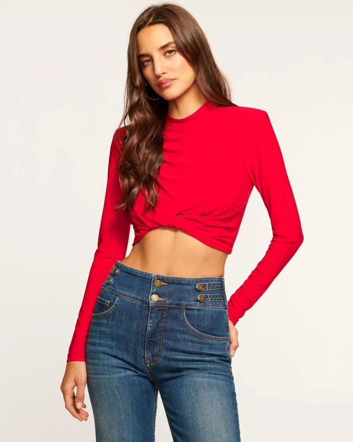 Women Jolie Cropped Long Sleeve Top Soiree Red Ramy Brook Tops
