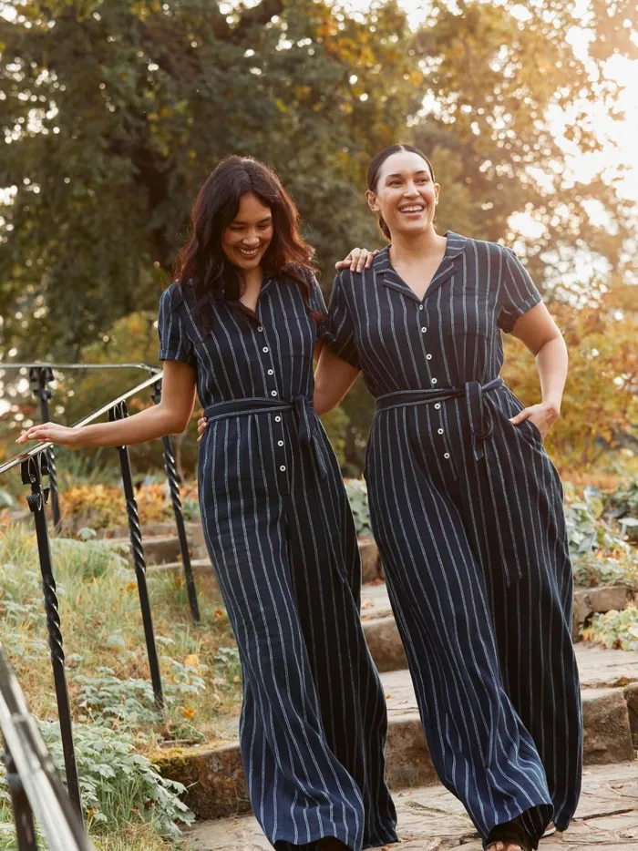 Women Jumpsuits and Playsuits Fat Face Blue Acre Stripe Linen Blend Jumpsuit