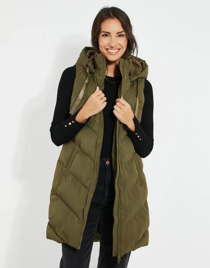 Women Khaki Longline Padded Gilet Threadbare Jackets