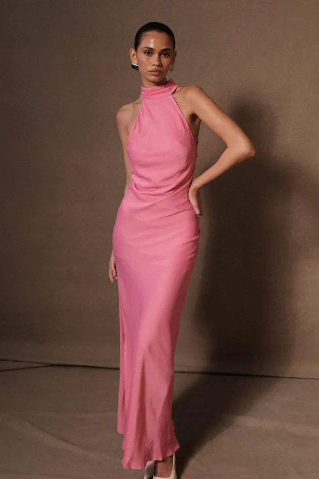Women Meshki Bottoms Claire Satin Drape Back Maxi Dress With Split 8211 Pink