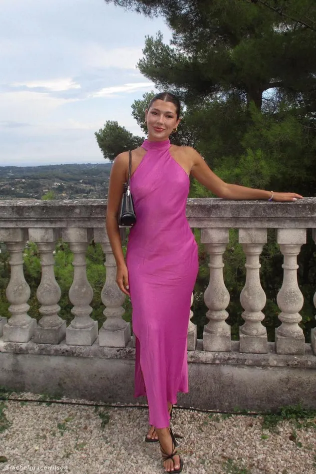 Women Meshki Bottoms Claire Satin Drape Back Maxi Dress With Split 8211 Pink