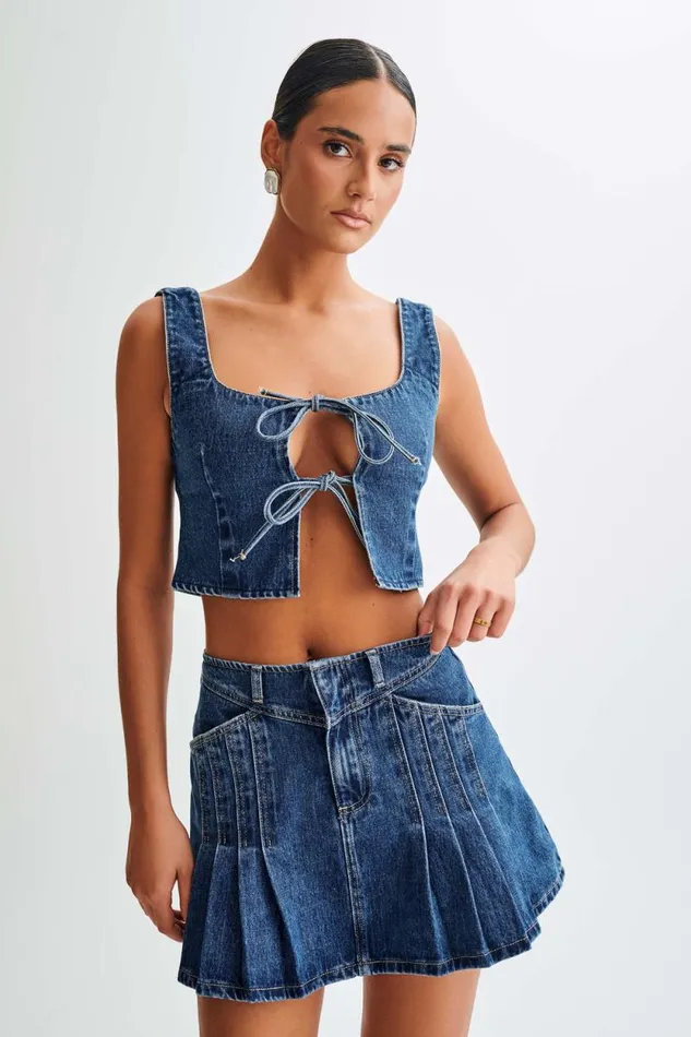 Women Meshki Bottoms Heather Denim Pleated Mini Skirt 8211 Dark Blue