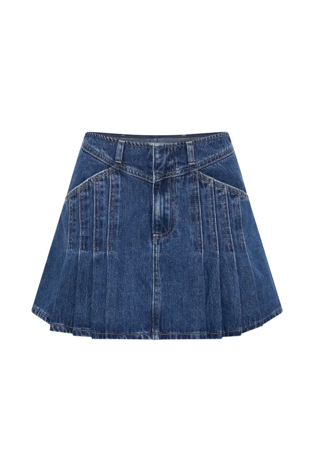 Women Meshki Bottoms Heather Denim Pleated Mini Skirt 8211 Dark Blue