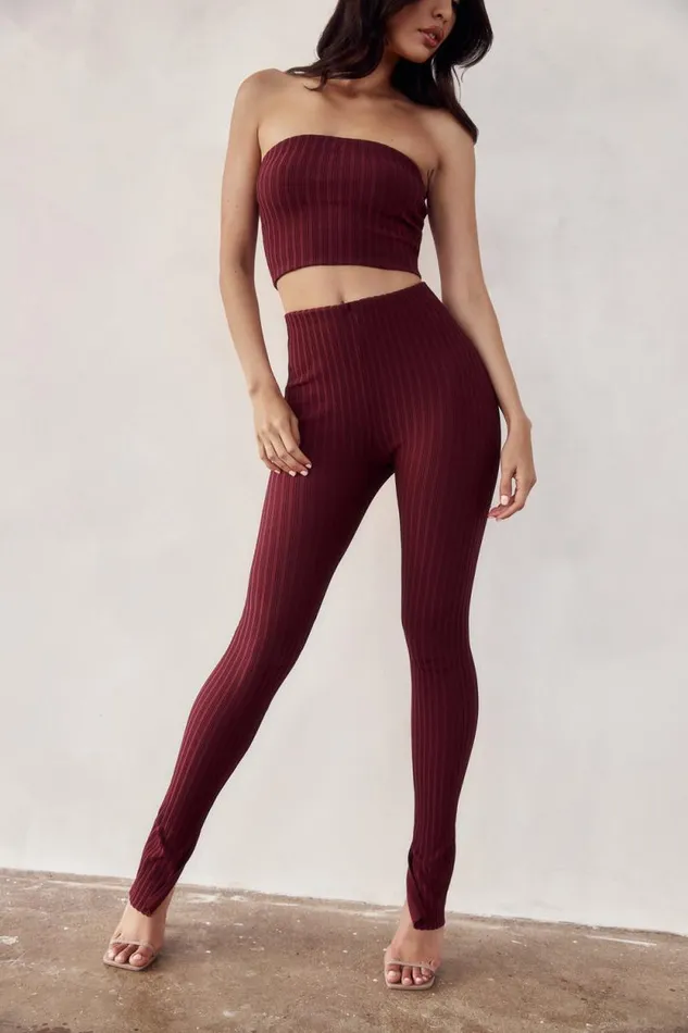 Women Meshki Bottoms Jordi Side Split Knit Leggings 8211 Cherry Chocolate