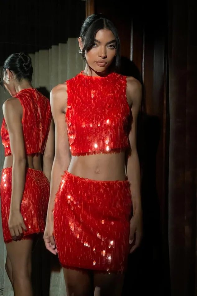 Women Meshki Bottoms Savannah Sequin Mini Skirt 8211 Firey Orange