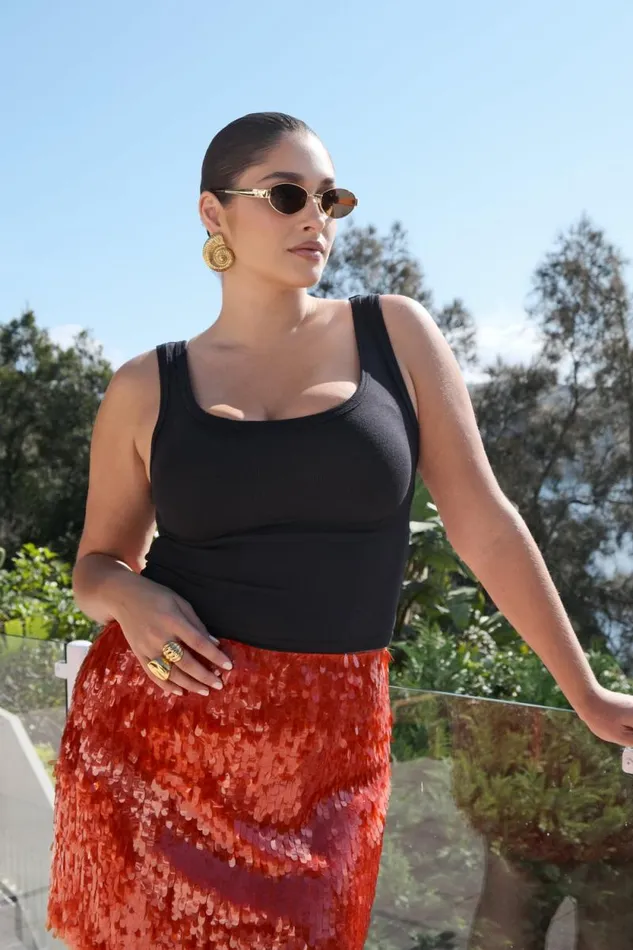 Women Meshki Bottoms Savannah Sequin Mini Skirt 8211 Firey Orange