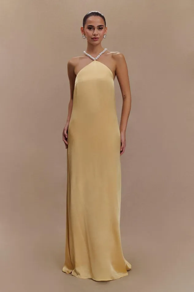 Women Meshki Dresses Blanche Satin Pearl Halter Maxi Dress 8211 Peach