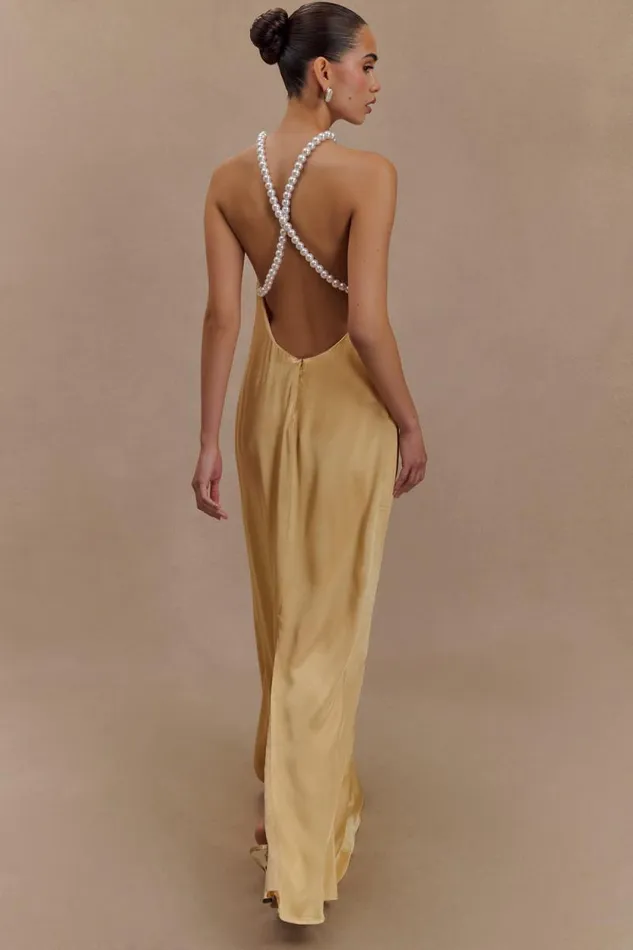 Women Meshki Dresses Blanche Satin Pearl Halter Maxi Dress 8211 Peach