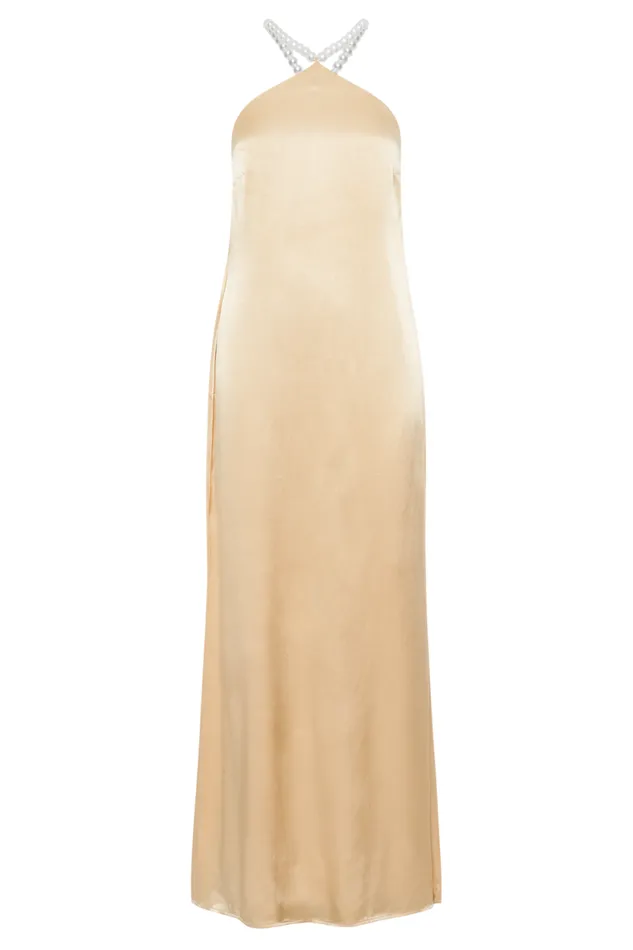 Women Meshki Dresses Blanche Satin Pearl Halter Maxi Dress 8211 Peach