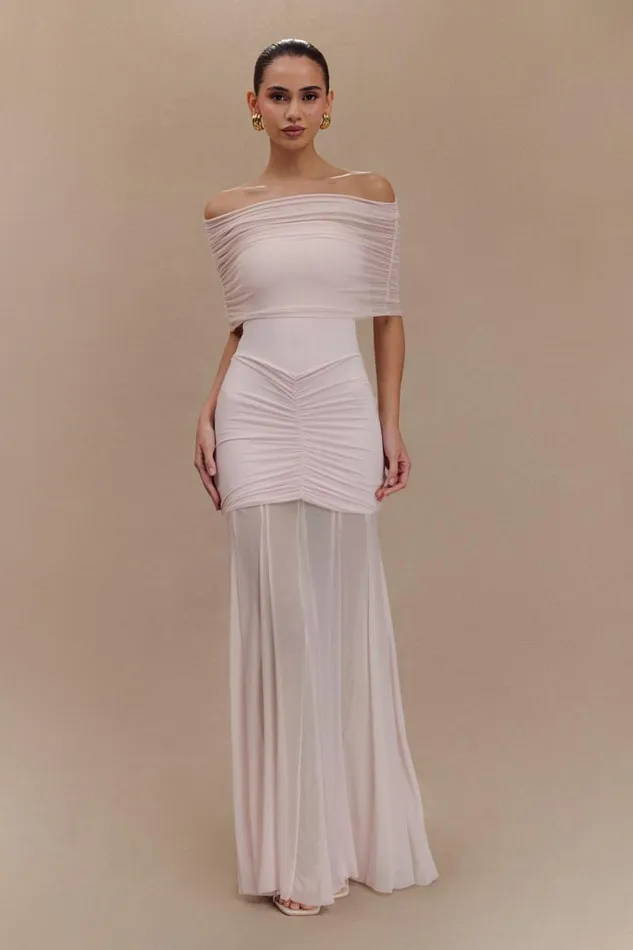 Women Meshki Dresses Caspian Slinky And Mesh Off Shoulder Maxi Dress 8211 Pale Pink