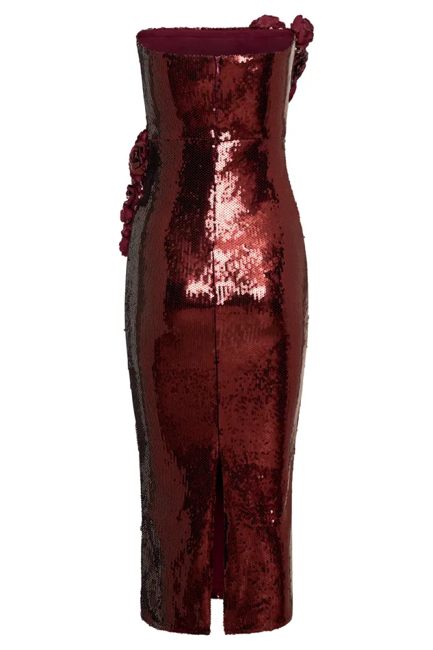 Women Meshki Dresses Cassia Strapless Sequin Rose Midi Dress 8211 Mahogany