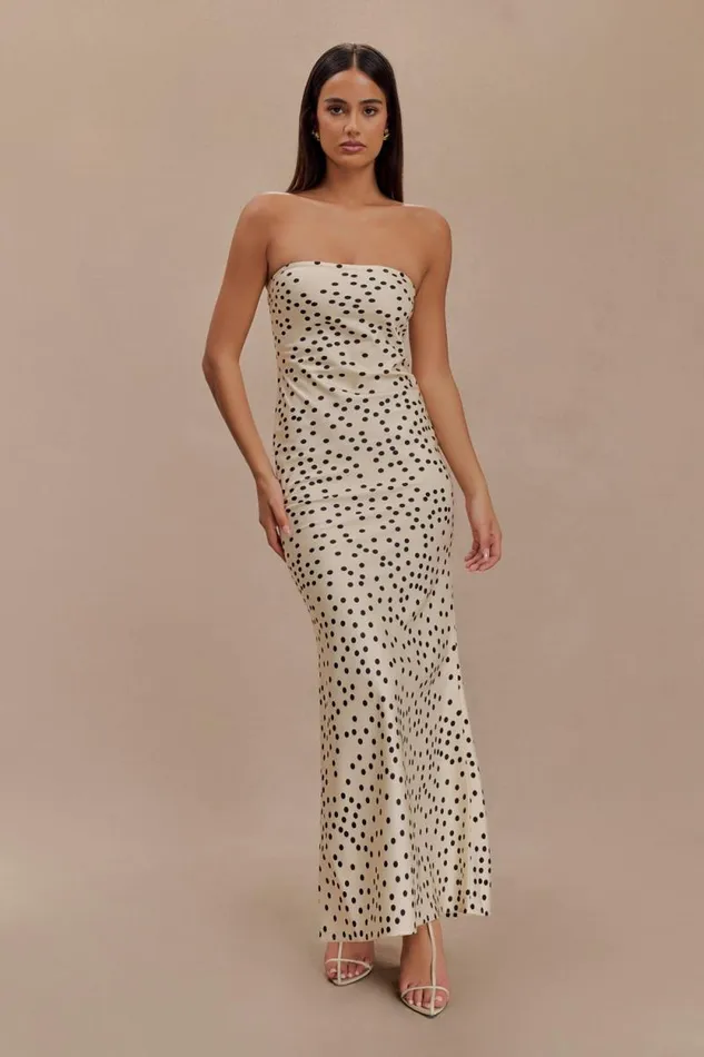 Women Meshki Dresses Claudette Strapless Satin Maxi Dress 8211 Polka Dot Print Women Meshki Dresses Claudette Strapless Satin Maxi Dress 8211 Polka Dot Print