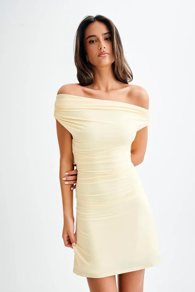 Women Meshki Dresses Dakoda Slinky Off Shoulder Mini Dress 8211 Lemon