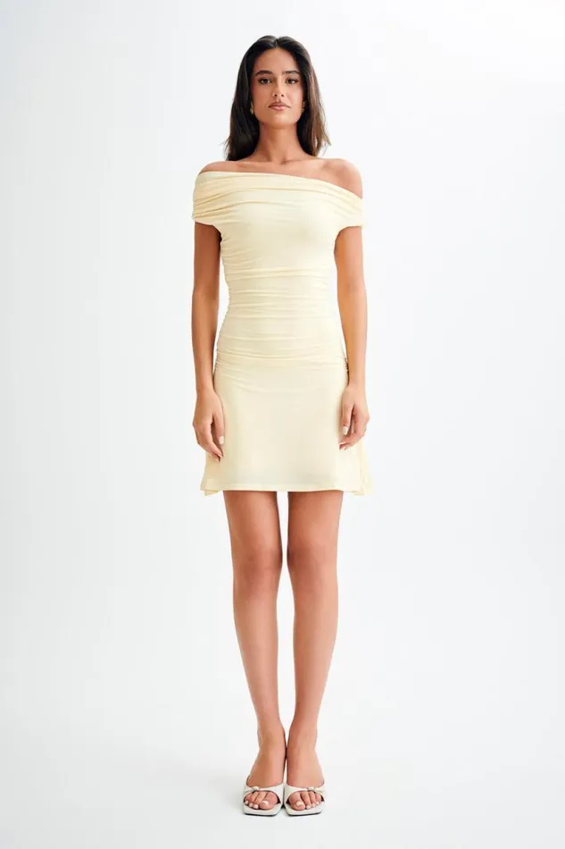 Women Meshki Dresses Dakoda Slinky Off Shoulder Mini Dress 8211 Lemon