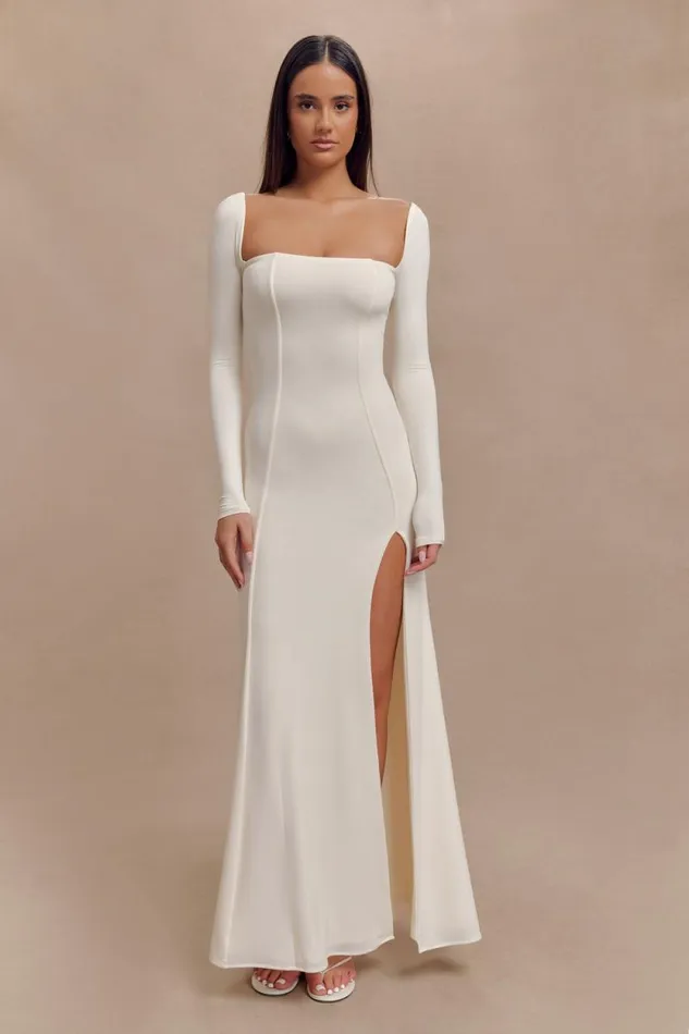 Women Meshki Dresses Desirie Slinky Long Sleeve Maxi Dress With Split 8211 Ivory Women Meshki Dresses Desirie Slinky Long Sleeve Maxi Dress With Split 8211 Ivory