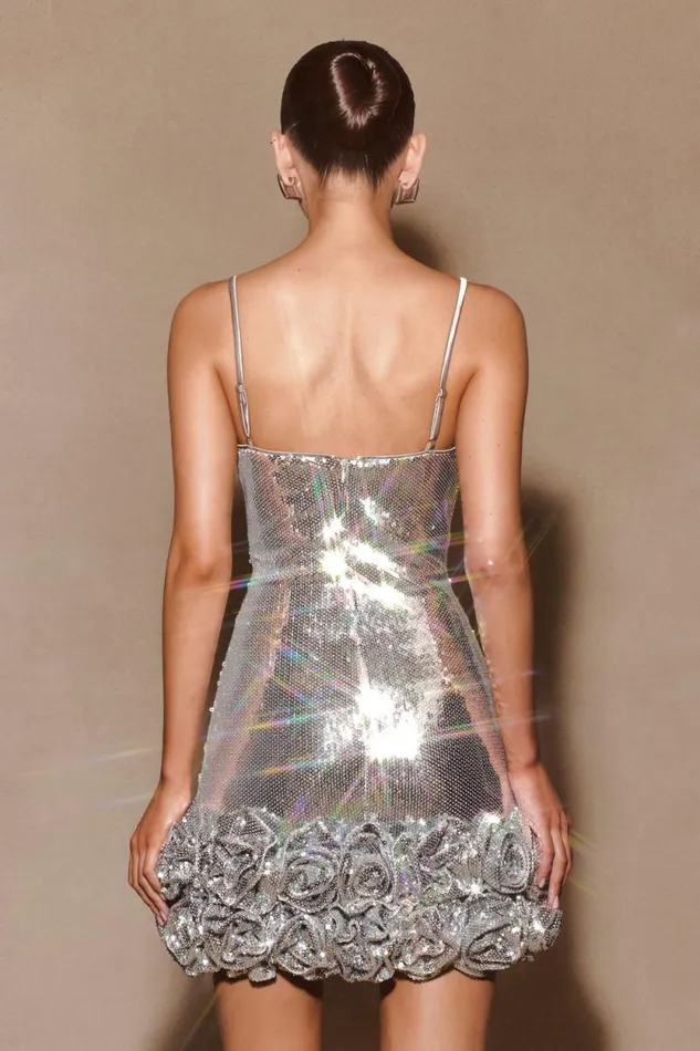 Women Meshki Dresses Faye Sequin Flower Mini Dress 8211 Silver