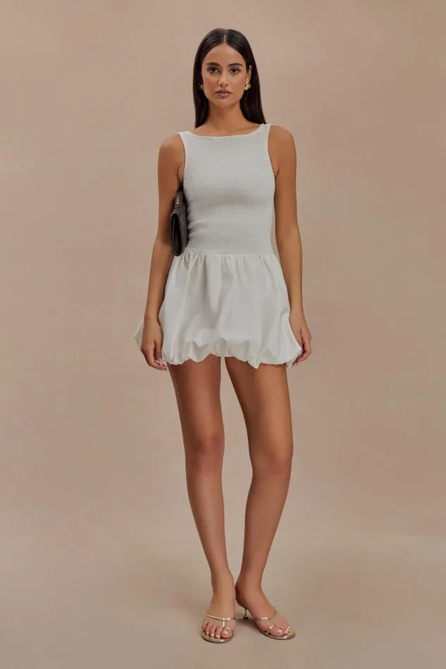 Women Meshki Dresses Felicity Shirring Bubble Cotton Mini Dress 8211 White