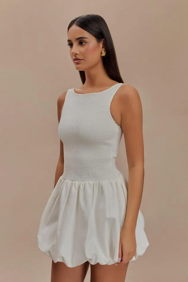 Women Meshki Dresses Felicity Shirring Bubble Cotton Mini Dress 8211 White