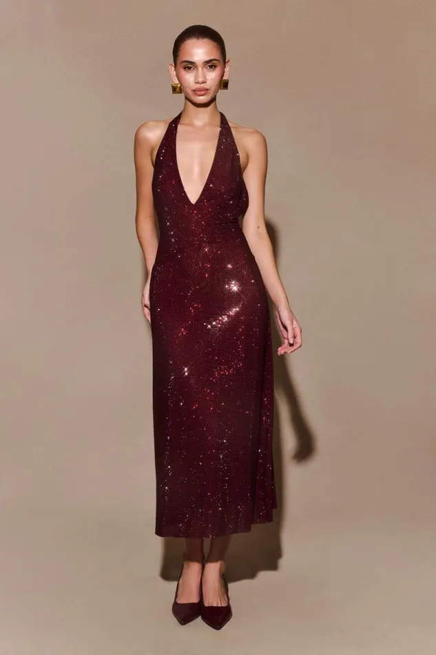 Women Meshki Dresses Genie Diamante Halter Midi Dress 8211 Mahogany