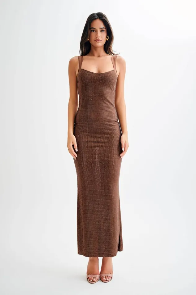 Women Meshki Dresses Jasmyn Hot Fix Maxi Dress With Mesh Back 8211 Chocolate