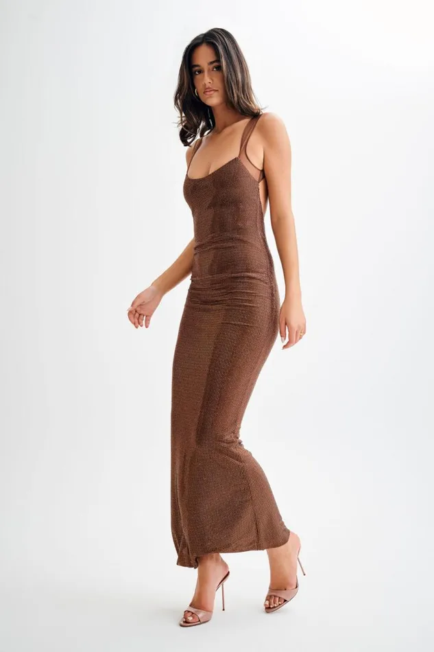 Women Meshki Dresses Jasmyn Hot Fix Maxi Dress With Mesh Back 8211 Chocolate