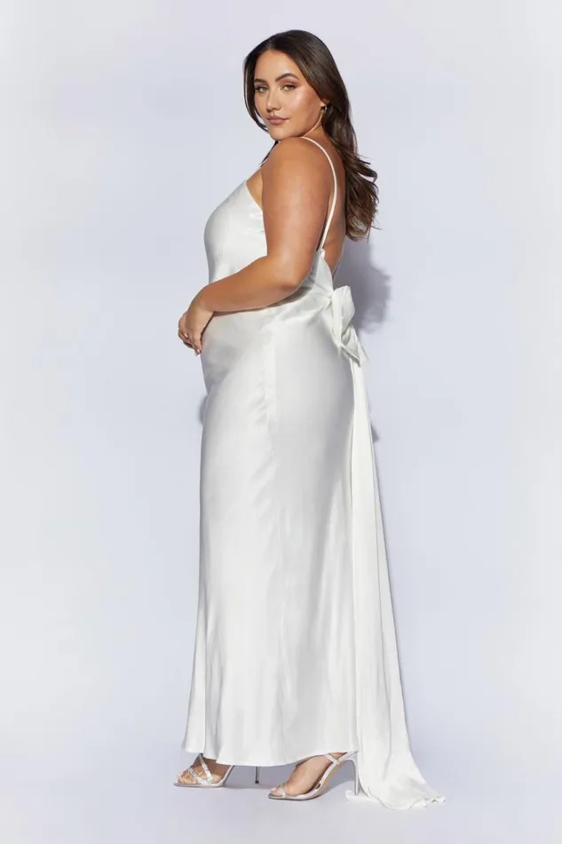 Women Meshki Dresses Kailey Low Back Maxi Dress With Detachable Bow Train 8211 White Women Meshki Dresses Kailey Low Back Maxi Dress With Detachable Bow Train 8211 White