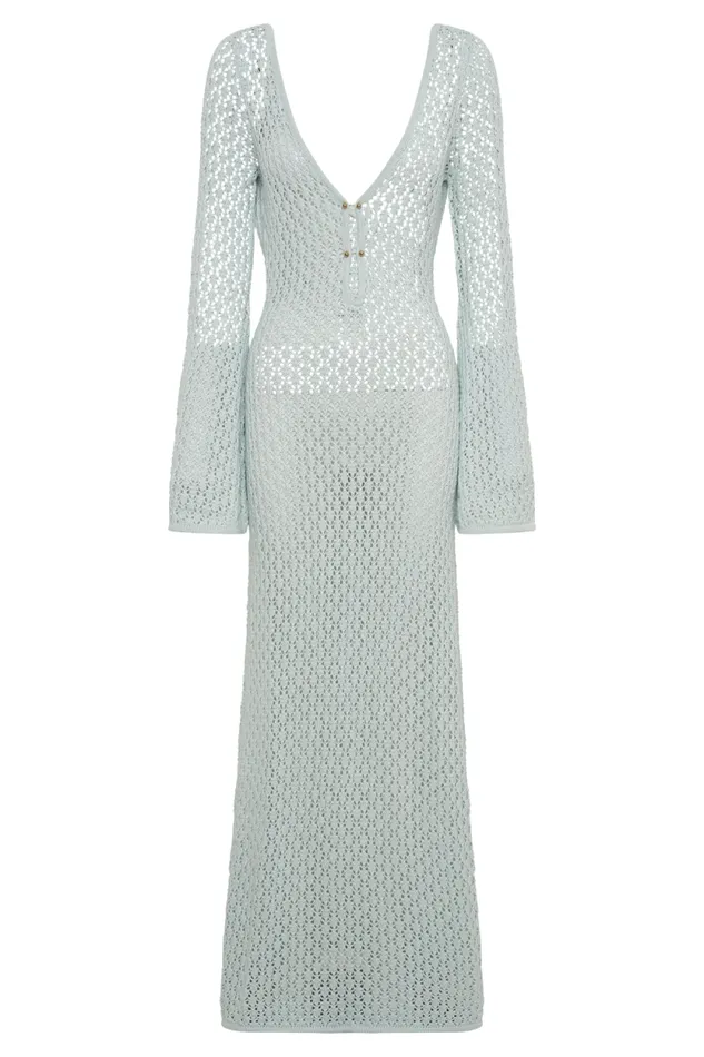 Women Meshki Dresses Kayleigh Crochet Fishtail Flare Sleeve Maxi Dress 8211 Arctic Blue