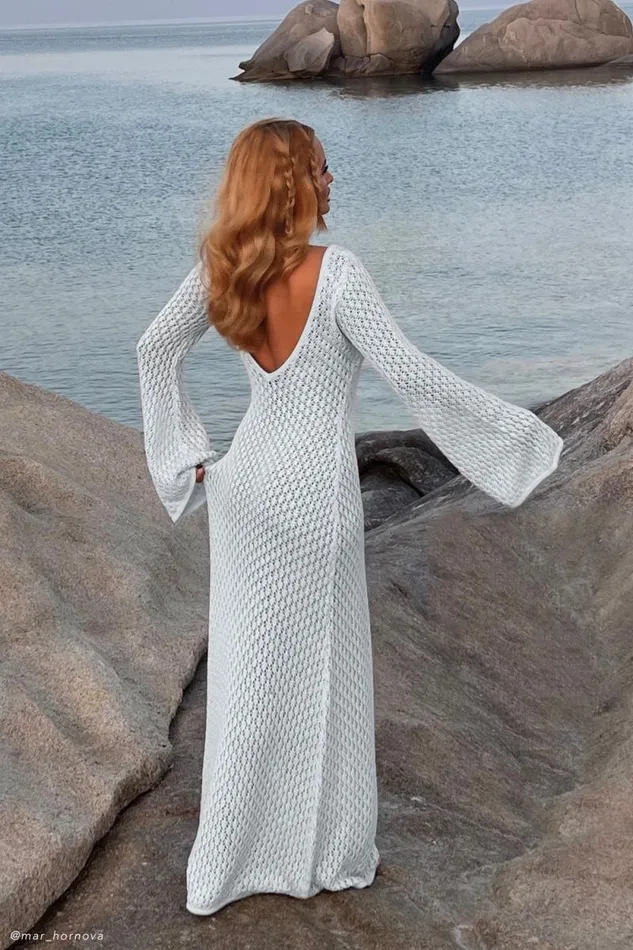 Women Meshki Dresses Kayleigh Crochet Fishtail Flare Sleeve Maxi Dress 8211 Arctic Blue
