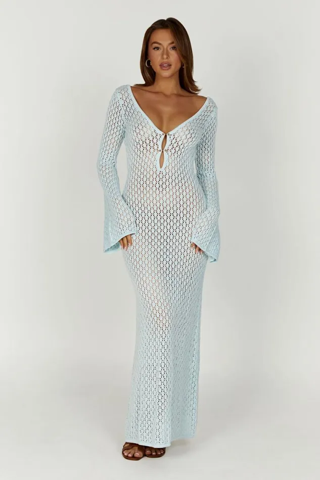 Women Meshki Dresses Kayleigh Crochet Fishtail Flare Sleeve Maxi Dress 8211 Arctic Blue